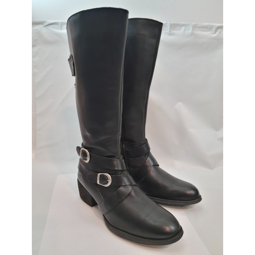 Born Tall‎ Moto Boots Womens 6.5 Black Genuine Leather Buckle Knee High D46403